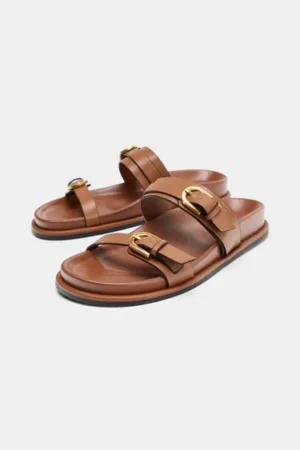 SANDALES PLATES A BRIDES MARRON